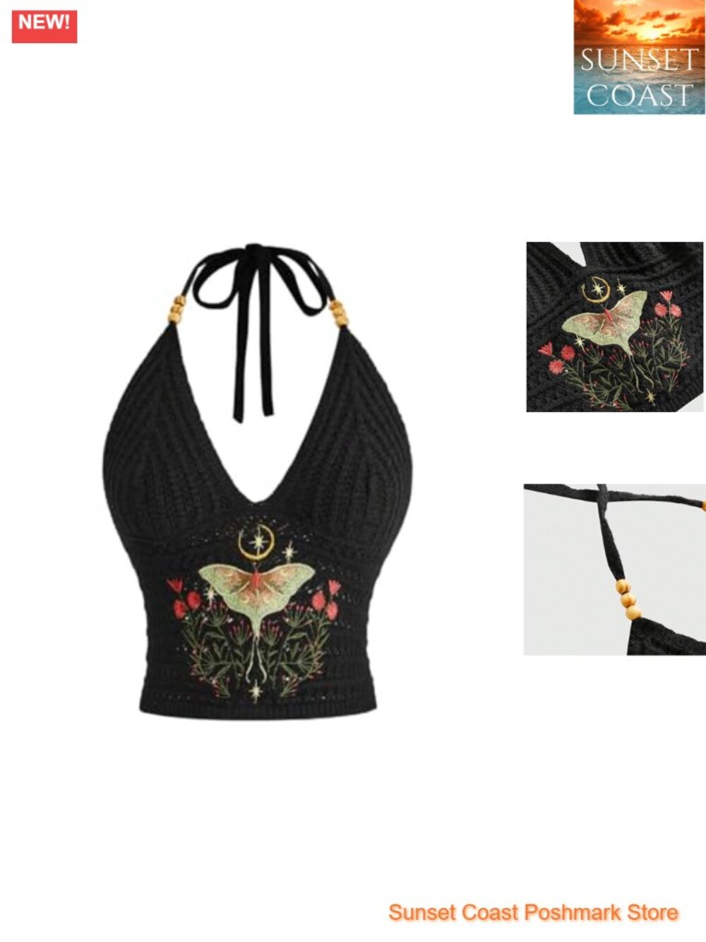 Women's Embroidered Crochet Halter Crop Top Backless Lace Up Sleeveless Knit